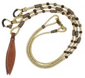 Showman Braided Natural Rawhide Romal Reins with basketweave tooled Leather Popper