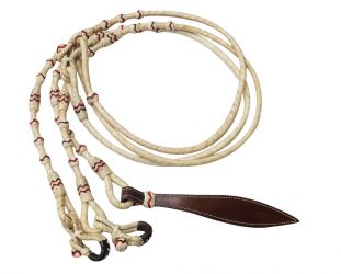 Showman Braided Natural Rawhide Romal Reins with natural stitched Leather Popper