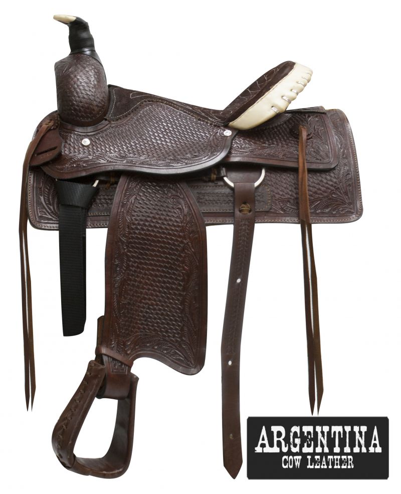 16" Buffalo Argentina cow leather fully tooled roper style saddle.  Please note this saddle is not warrantied for roping