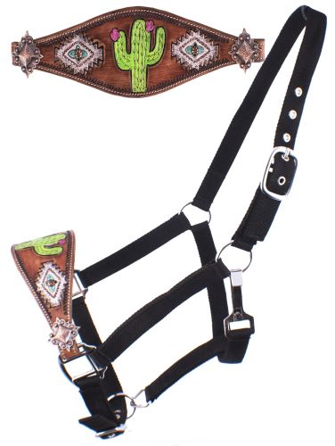 Showman Adjustable nylon bronc halter with hand painted navajo cactus print noseband