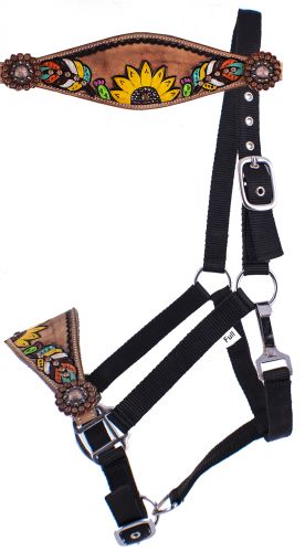Showman  Adjustable black nylon bronc halter with hand painted feather, sunflower, and cactus' nose band