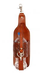 Showman Acorn tooled leather bottle holder with scissor snap attachment
