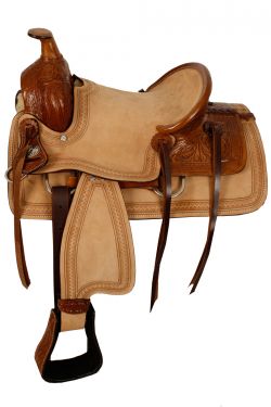 13" Double T hard seat roper style saddle with acorn tooling