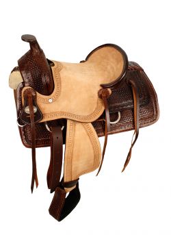 13" Double T hard seat roper style saddle with basketweave tooling