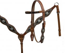 Showman double stitched leather headstall and breast collar set with hair on cowhide featuring silver flower conchos embellished with teal rhinestones