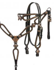 Showman Black leather headstall and breast collar set with copper studs and copper engraved conchos