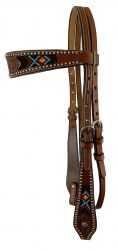 Showman Medium Brown Argentina cow leather brow-band headstall with beaded inlay design