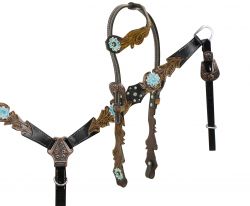 Showman One ear headstall with cut out filigree tooling accented teal painted tooled flower