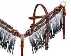 Showman Black and white beaded headstall and breast collar with ombre fringe