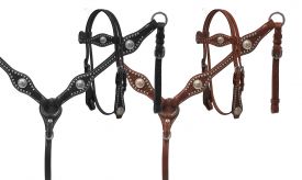 Showman Headstall and breast collar set with silver conchos and basket weave tooling
