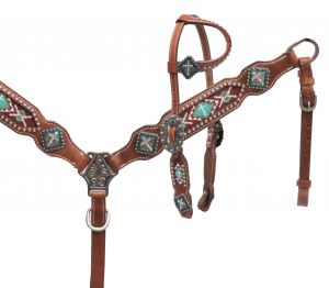 Showman PONY One ear headstall with teal beaded inlay