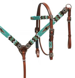Showman Teal and white beaded headstall and breast collar set