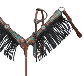 Showman Pony Size Headstall and breast collar set with copper and teal alligator print overlay and fringe