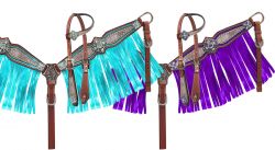 Showman Pony Size Headstall and breast collar set with holographic snake print and metallic color fringe