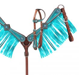 Showman Mini Size Headstall and breast collar set with metallic teal overlay and fringe