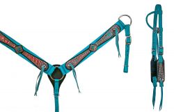 Showman Turquoise nylon headstall and breastcollar set with bronze crocodile print and rhinestone accents