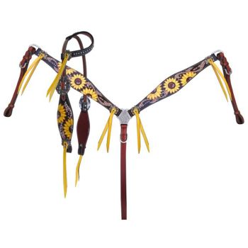 Showman Hand Painted Sunflower Print One Ear Headstall and Breastcollar Set