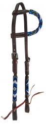 Showman Beaded one ear Argentina Cow Leather headstall with southwest design - blue, white, and teal
