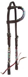 Showman Beaded one ear Argentina Cow Leather headstall with southwest design - gold, teal, and burgundy