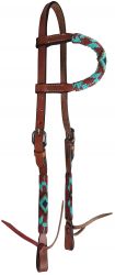 Showman Beaded one ear Argentina Cow Leather headstall with southwest design - rust and teal