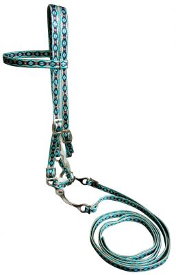 Showman Horse size Premium nylon browband headstall &amp; Reins with bit in a Teal Southwest print design