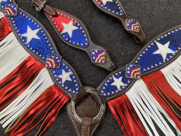 Showman Medium Oil One Ear Bridle &amp; Breast Collar Red White and Blue patriotic fringe set #2