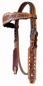 Showman Basket Tooled Browband Argentina Cow Leather Headstall with silver bead accents
