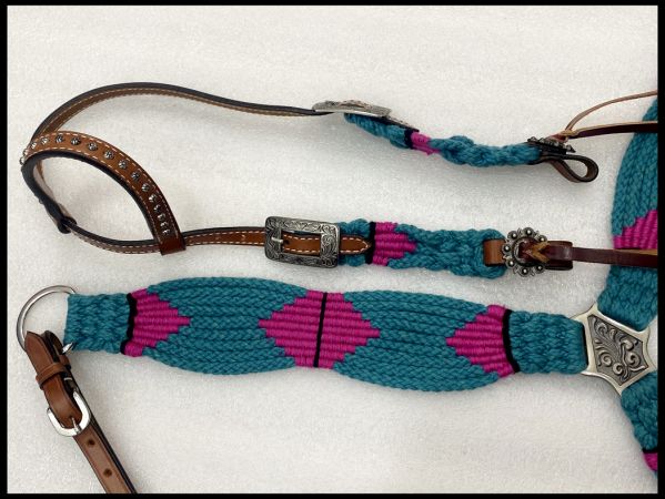 Showman Corded One Ear Headstall &amp; Breast collar set - teal and pink #2