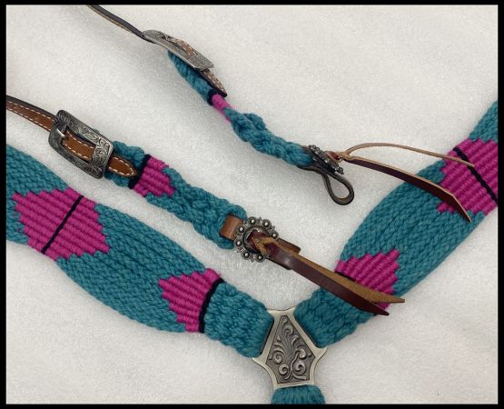 Showman Corded One Ear Headstall &amp; Breast collar set - teal and pink #3