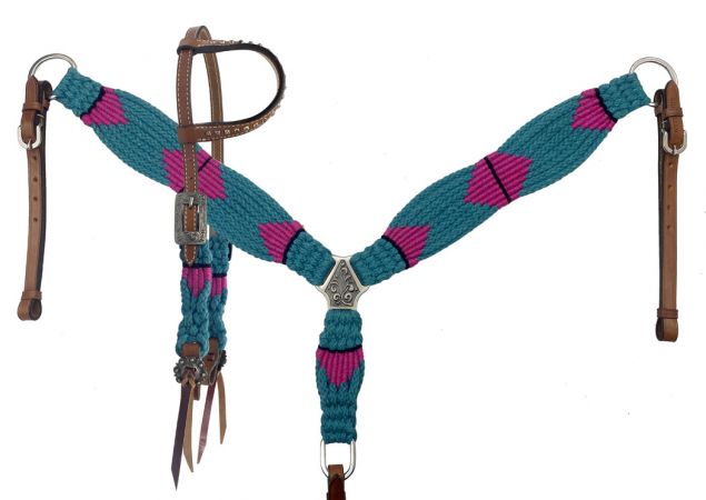 Showman Corded One Ear Headstall &amp; Breast collar set - teal and pink