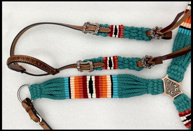 Showman Corded One Ear Headstall &amp; Breast collar set - teal, orange, and red #2