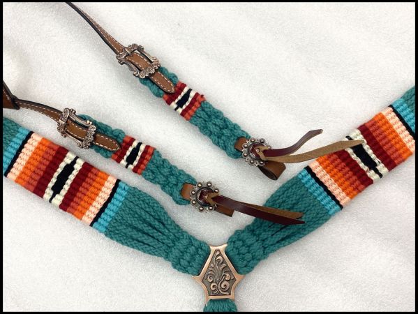 Showman Corded One Ear Headstall &amp; Breast collar set - teal, orange, and red #3