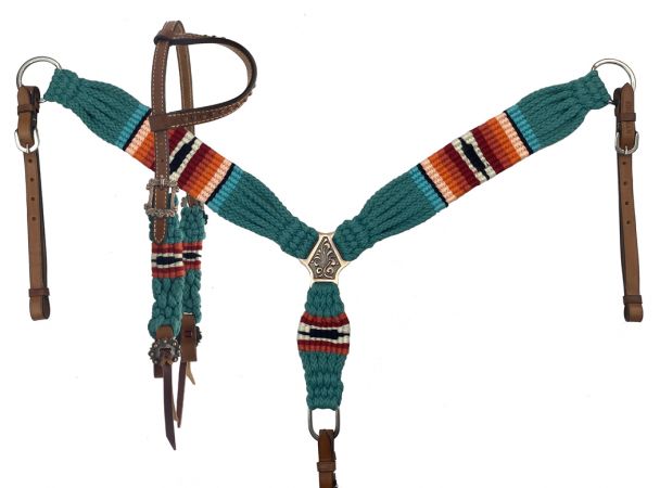 Showman Corded One Ear Headstall &amp; Breast collar set - teal, orange, and red