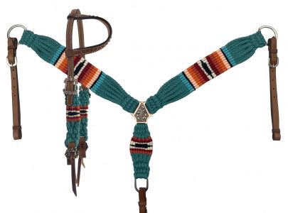 Showman Corded One Ear Headstall & Breast collar set - teal, orange, and red