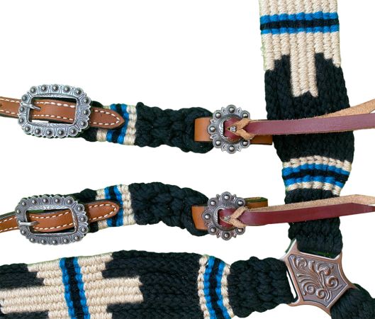 Showman Pony Size Corded One Ear Headstall &amp; Breast collar set - Black, white, and blue #2