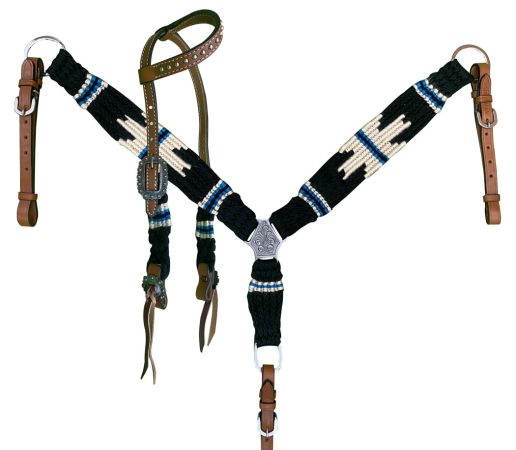 Showman Pony Size Corded One Ear Headstall &amp; Breast collar set - Black, white, and blue