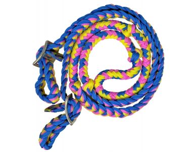 Showman Braided nylon barrel reins with easy grip knots - indigo, pink, and yellow