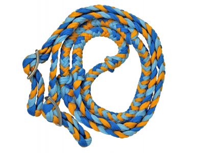 Showman Braided nylon barrel reins with easy grip knots - yellow, navy, and light blue