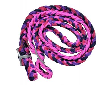 Showman Braided nylon barrel reins with easy grip knots - pink and purple