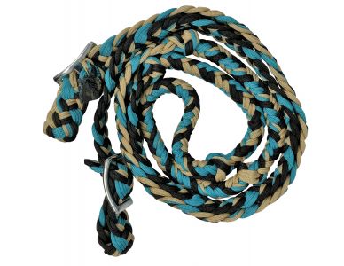 Showman Braided nylon barrel reins with easy grip knots - tan, blue, and black