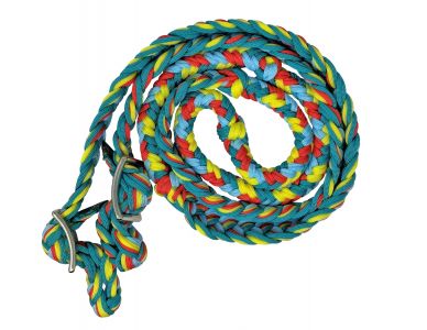 Showman Braided nylon barrel reins with easy grip knots - teal, lime, and turquoise