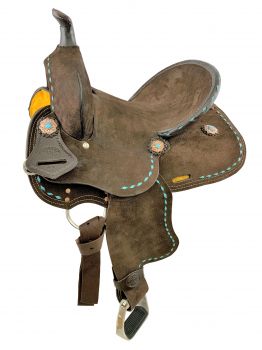 13" Double T Barrel style saddle with Teal buckstitch accents
