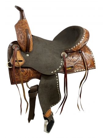 14", 15", 16" Double T Roughout Barrel Saddle With Floral Tooling and White Buckstitching