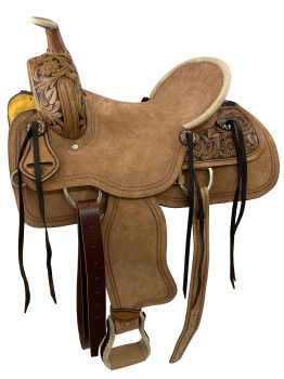 16" Roper Style Roughout Hardseat Saddle with Floral Tooling