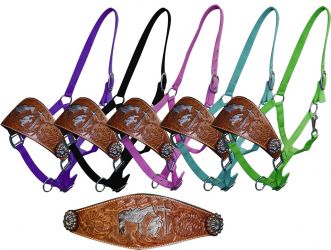 Showman nylon bronc halter with cut out hair on cowhide praying cowboy