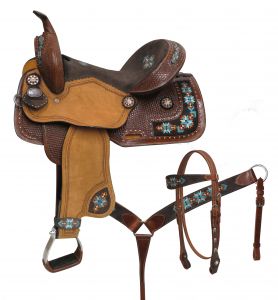 14", 15" Double T barrel style saddle set with embroidered Navajo
