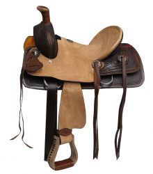 12" Double T Youth hard seat two-tone roper style saddle with basket tooling