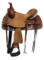 12", 13" Double T Youth hard seat roper style saddle with floral tooled leather