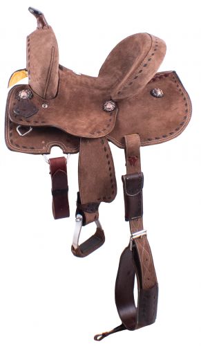 12", 13" Double T Youth&#47;Pony Chocolate Roughout Barrel Saddle with extra deep seat and buckstitch trim