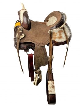 14", 15", 16" Double T Dark Oil Hard Seat Barrel style saddle with Hair on Cowhide accents